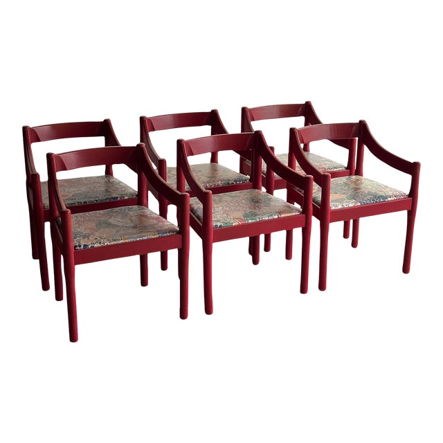 Set of Six Vintage Red Lacquered Dining Armchairs, Attributed to Vico Magistretti For Sale