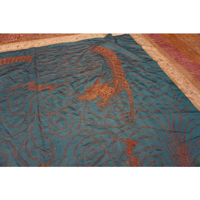 Majestic Teal Blue Color Background With Dragons Patters Desing Antique Chinese Textile Rug For Sale In New York - Image 6 of 9