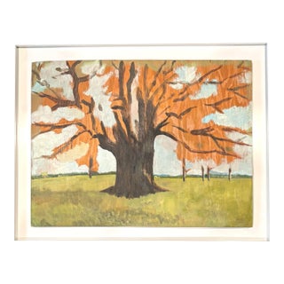 Vintage Landscape Painting on Wood Mounted in White Frame For Sale
