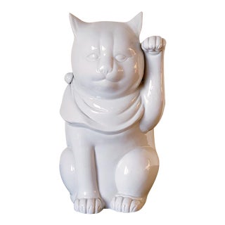 Mid 20th Century Large Mid-Century Maneki-Neko Good Luck Beckoning Cat in White Porcelain Glaze Kutani Japan For Sale