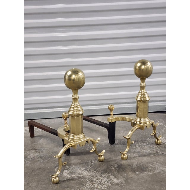 Vintage Federal Style Large Brass Andirons - A Pair For Sale - Image 4 of 13