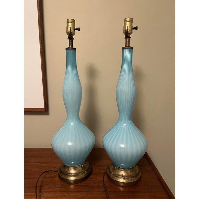 Glass Vintage Murano Glass Lamps Barovier Taso Turquoise Blue Mid-Century Modern 1950s-60s For Sale - Image 7 of 12