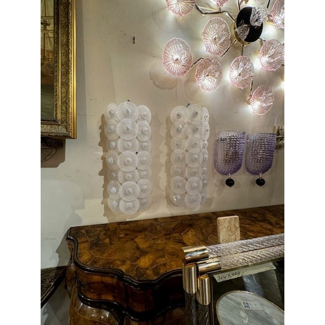 Modern Pair of Large Scale Murano Sconces With White Discs For Sale - Image 3 of 5