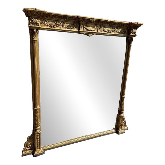 Large Antique 19th Century English Gilt Column Framed Overmantle Mirror. For Sale