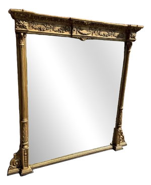 Large Antique 19th Century English Gilt Column Framed Overmantle Mirror.