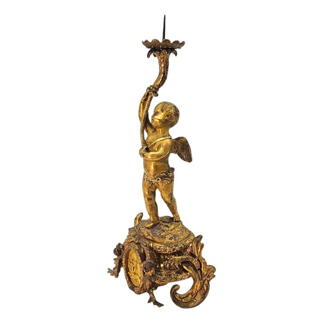 19th C French Gilt Bronze Cherub Putti Candlestick Pair 14" For Sale - Image 11 of 18