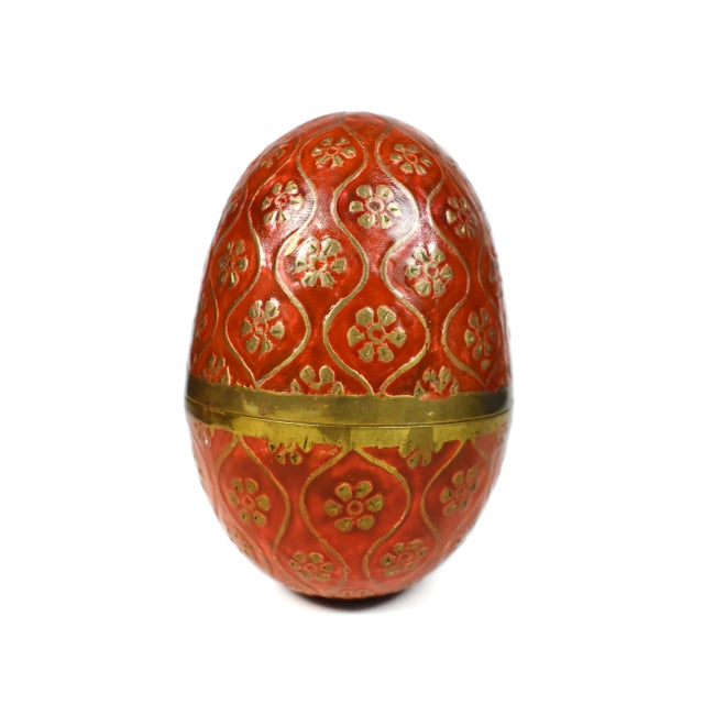 Mid 20th Century Vintage Gold Solid Brass Red Enamel Cloisonné Egg Box With Stand For Sale - Image 4 of 7