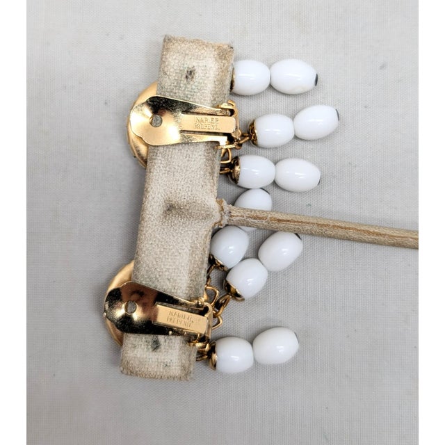 Vintage 1960s Signed Napier Goldtone Carved White Faux-Jade Top With Beaded Dangles Clip Earrings-2 Pieces For Sale In Philadelphia - Image 6 of 7