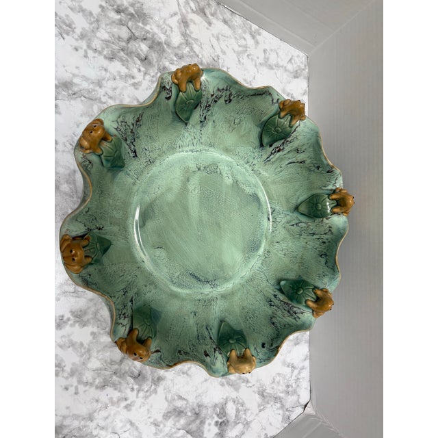 Large Vintage Aqua Glazed Pottery Scalloped Frog Bowl For Sale In Sacramento - Image 6 of 11