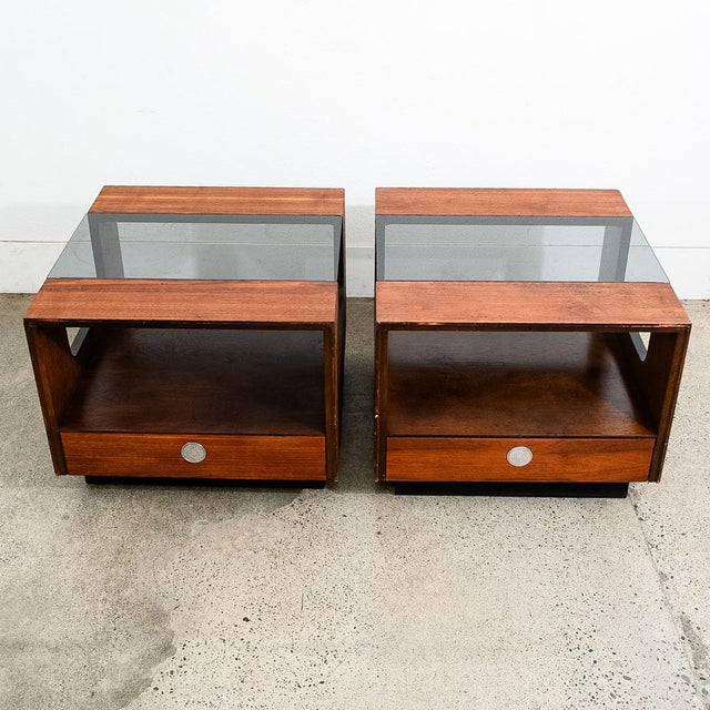 1960s 1960s Mid Century Modern Nightstands Tables Side End Glass Vintage Walnut Lane Drawer For Sale - Image 5 of 11