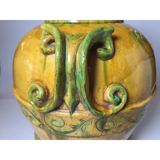Large Italian Bright Yellow Glazed Earthenware Handled Vessel For Sale - Image 9 of 10