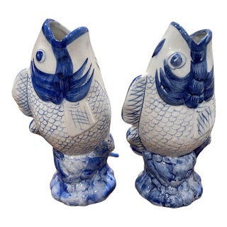 Pair of 1990s Williams Sonoma Blue & White Koi Fish Vases For Sale