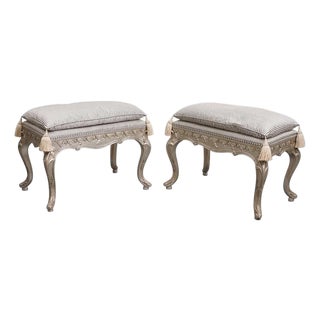 Pair of 1960s Silvered Wood Stools With Carved Floral Design For Sale