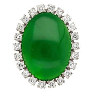Antique Jadeite Jade & Diamond Halo Platinum 900 Statement Ring, Size 6 For Sale