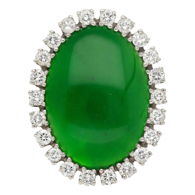 Antique Jadeite Jade & Diamond Halo Platinum 900 Statement Ring, Size 6 For Sale
