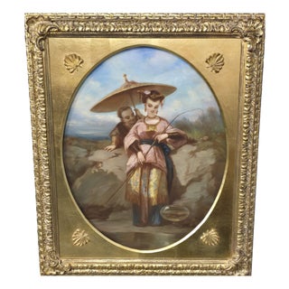 Chinese Lady Fishing, Pastel on Canvas, 1850, Framed For Sale