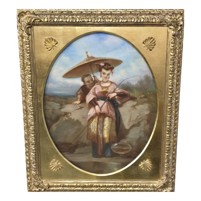 Chinese Lady Fishing, Pastel on Canvas, 1850, Framed For Sale