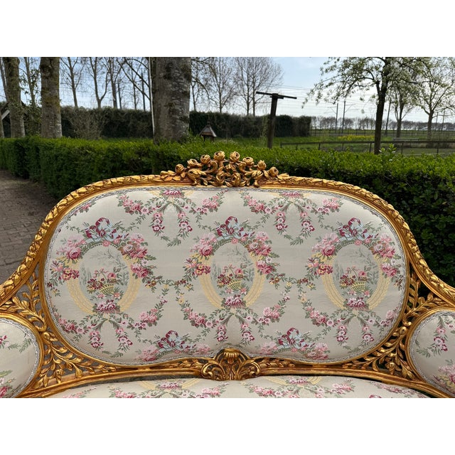 1970 French Louis XVI Gold Beech Damask Settee 1pc For Sale - Image 11 of 12