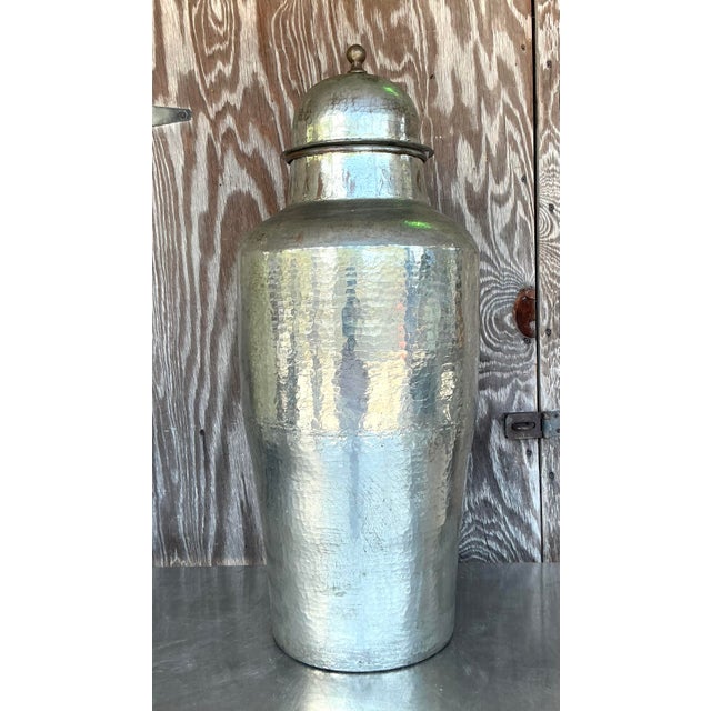 Vintage Boho Hammered Tall Lidded Urn For Sale - Image 4 of 6