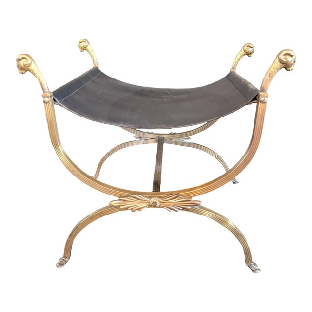 1960s Maison Jansen-Style Brass and Leather Stool With Ram's Head Decoration For Sale