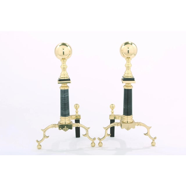 Mid 20th Century Solid Brass / Marble Regency Style Andirons - a Pair For Sale - Image 10 of 11