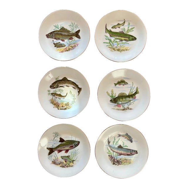 Vintage Set of 6 Trout Fish Design Appetizer Plates ~ Barvaria For Sale