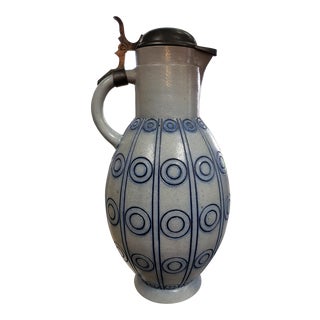 1907-1910 Antique Fritz Helmuth Ehmcke German Art Nouveau Gerz Salt Glaze Stoneware Striped Concentric Circles Pattern Lidded Jug For Sale