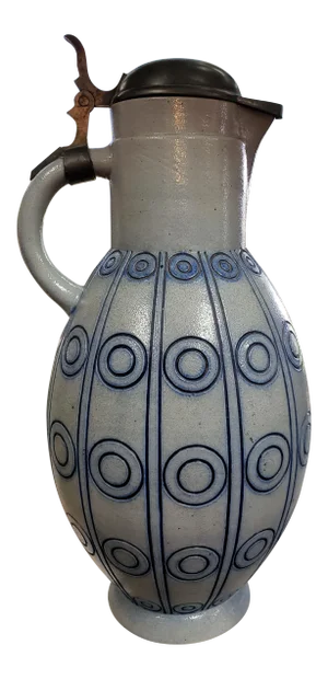 1907-1910 Antique Fritz Helmuth Ehmcke German Art Nouveau Gerz Salt Glaze Stoneware Striped Concentric Circles Pattern Lidded Jug