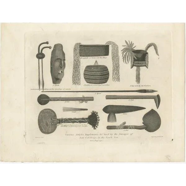 Various articles implements and used by the savages of new caledonia in the south sea : this 1801 copperplate engraving...