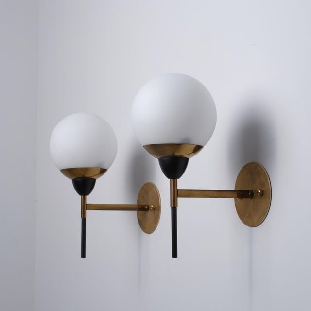 1950s Vintage Italian Wall Sconces in Brass with Black Metal and Opaline Glass, 1950s, Set of 2 For Sale - Image 5 of 10