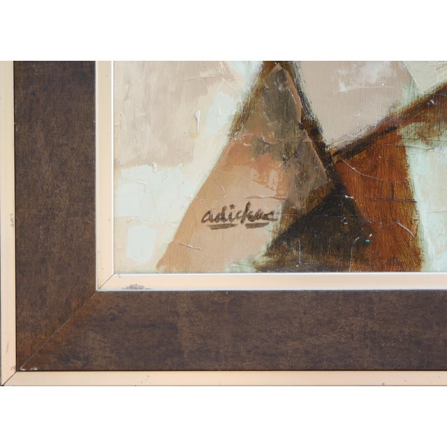 Modern abstract brown toned Cubist inspired still life painting by Houston, TX artist David Adickes. The work features a...
