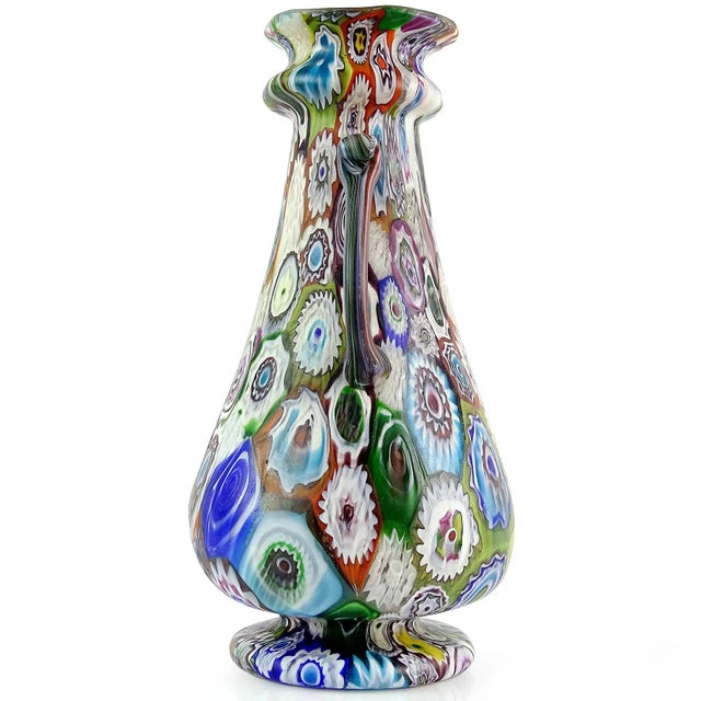 Murano Antique Fratelli Toso Murano Millefiori Flower Mosaic Italian Art Glass Large Double Handles Vase For Sale - Image 4 of 9