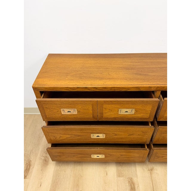 Vintage MCM Dixie Act 2 Campaign Style Dresser Brass Pulls Warm Wood Tone Lowboy For Sale - Image 13 of 14