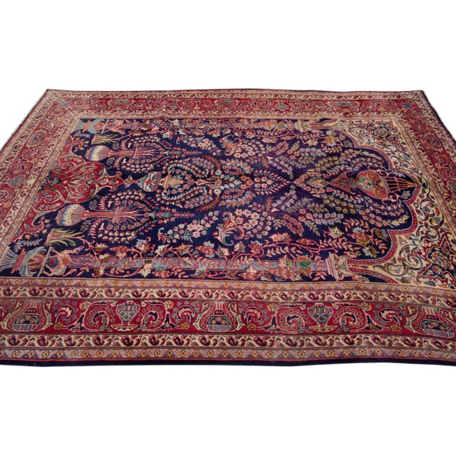 1960s 1960s Vintage Persian Kashan Handmade Navy Blue Floral Wool Rug For Sale - Image 5 of 7