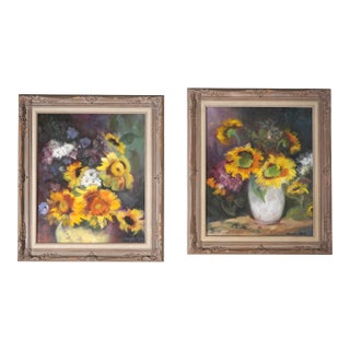 Pair of Oil on Canvas of Still Life Sunflowers - Signed For Sale