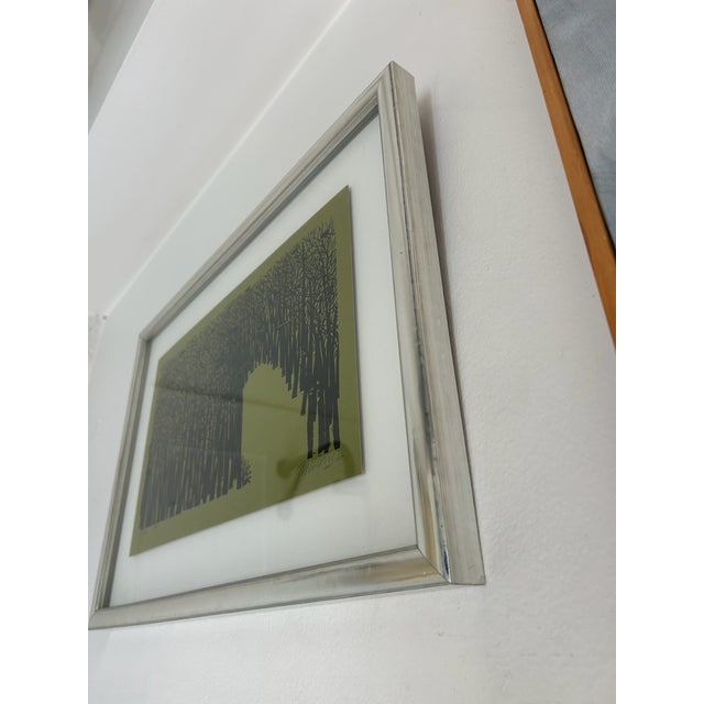 Vintage Antonio Frasconi Woodcut Printed on Green Paper With New Silver / Wood Frame and Float Detail, Circa 1965 For Sale - Image 9 of 10
