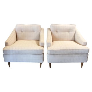 Mid-Century Cream Plaid Club Chairs - A Pair For Sale