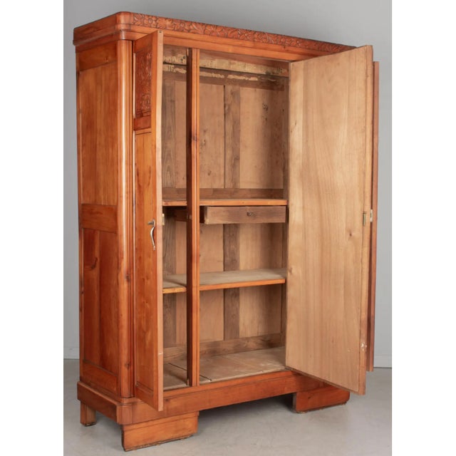 1920s Art Deco Carved Floral Armoire French Cherrywood With Mirror & Matching Marble-Topped Nightstand - Set of 2 For Sale - Image 9 of 9