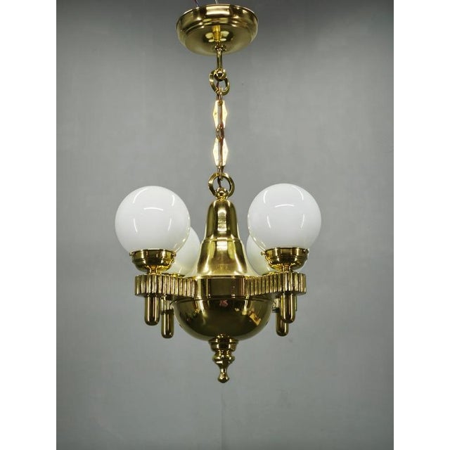 Vintage Czech Art Deco Brass and Opaline Glass Globe Pendant Light, 1920s For Sale - Image 4 of 15