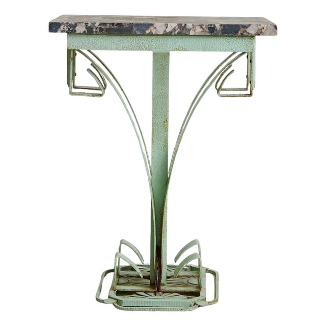 French Art Deco Green Iron Side Table with Marble Top, 1930s For Sale