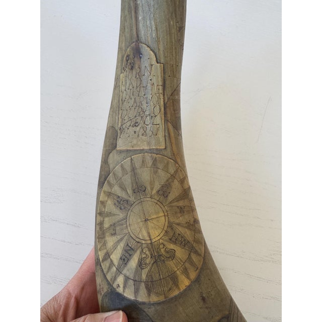 Brown Antique July 1851 Scrimshaw Powder Horn 14" Engraved Sailing Boats, Hunting Dog & Rifle, Flying Birds Compass and Hearts Marked N.Newell For Sale - Image 8 of 10