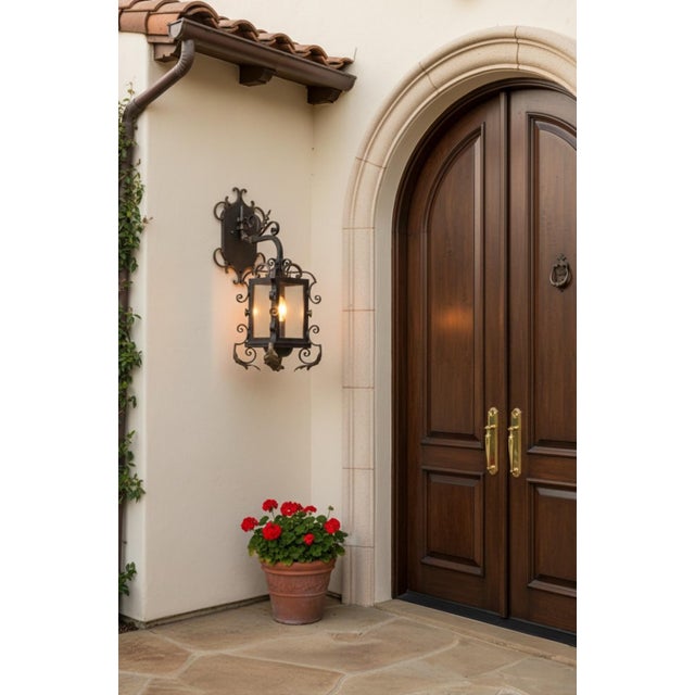 Vintage Spanish Revival Wrought Iron Outdoor Sconce Lantern With Gilt Accents For Sale In West Palm - Image 6 of 7