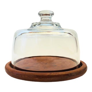 Vintage Glass Cloche on Teak Base For Sale
