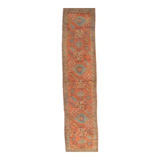 Late 19th Century Antique Turkish Oushak Runner, Coral, Light Blue Handwoven Rug For Sale