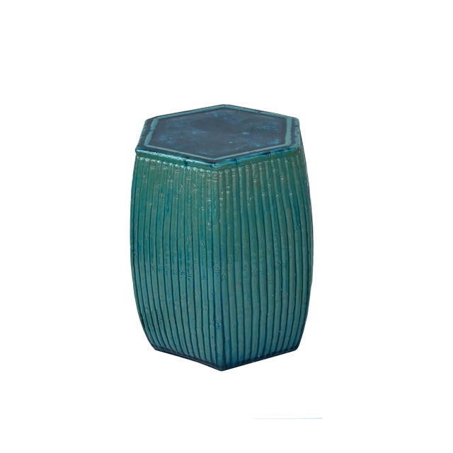 Chinese Chinese Hexagon Bamboo Theme Turquoise Green Ceramic Clay Garden Stool For Sale - Image 3 of 5