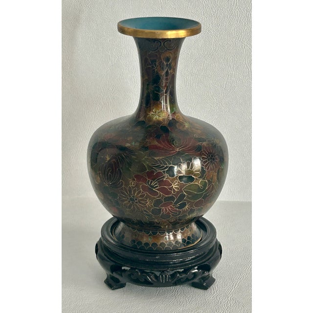 1980s Vintage Cloisonné Vase Earth Tones With Carved Wooden Base For Sale - Image 5 of 16