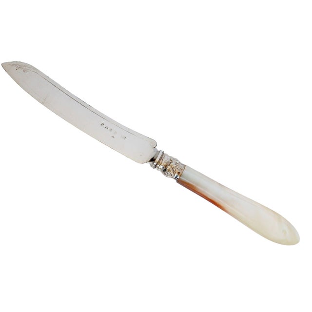 A handsome set of six late 19th century English table knives with luminous mother of pearl handles, ornate silverplate...
