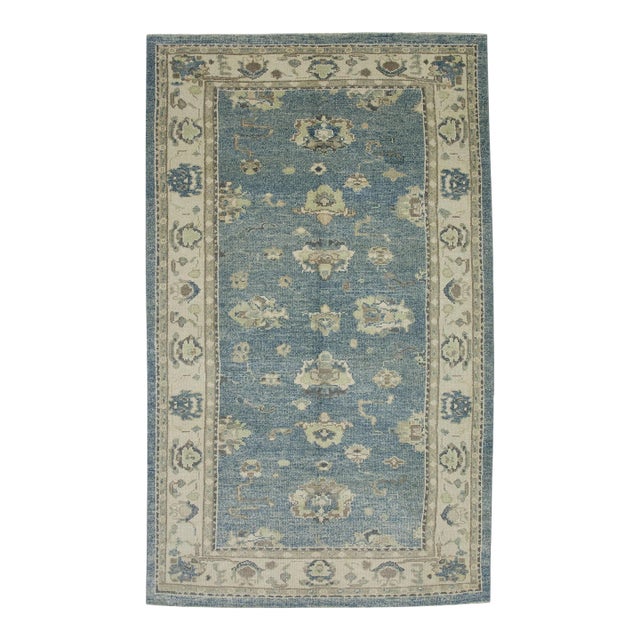 Early 21st Century Blue Floral Design Handwoven Wool Turkish Oushak Rug 5'2" X 8'3" For Sale