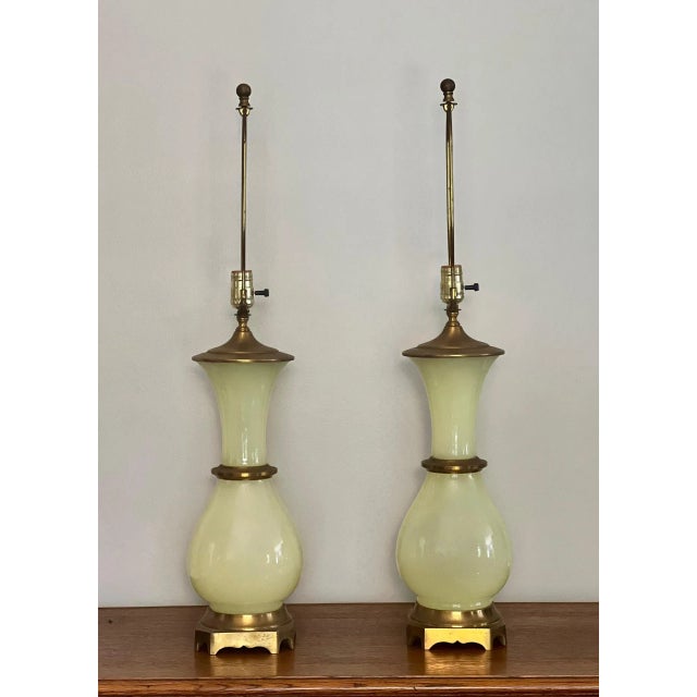 Mid 20th Century Mid 20th Century Paul Hansen Hollywood Regency Bronze Mounted Vaseline Glass Lamps, Pair For Sale - Image 5 of 12