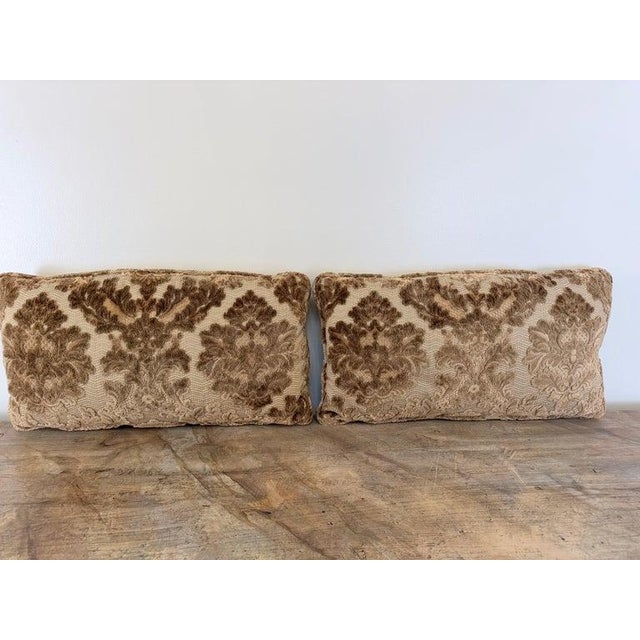 Textile Pair of Cut Velvet Lumbar Pillows, Taupe-Brown Damask, Antique Style For Sale - Image 7 of 10